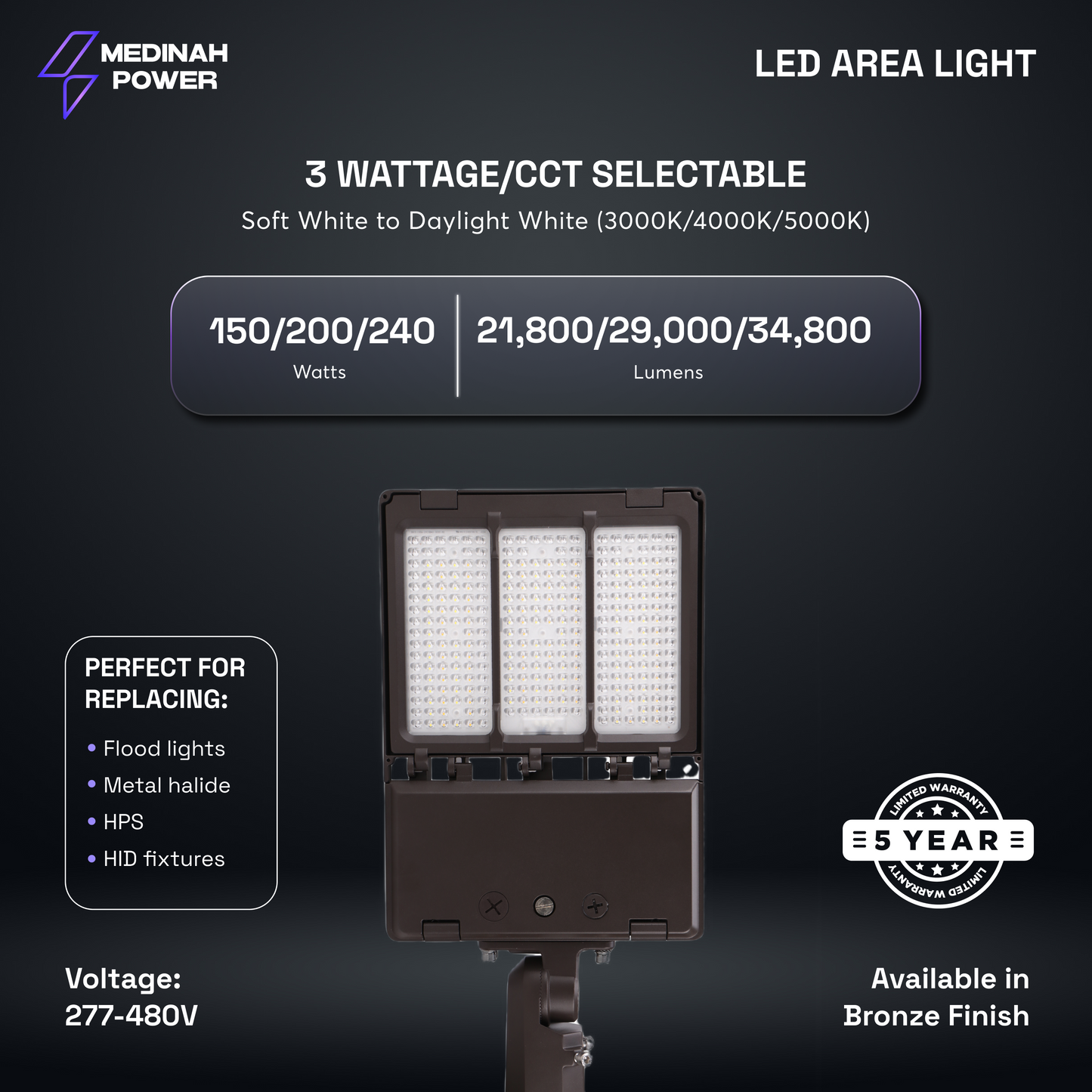 ARL-150T240W-3CCT-DV3-PC-T3-BZ: 150/200/240W | 3 CCT Select | 277-480V | Bronze