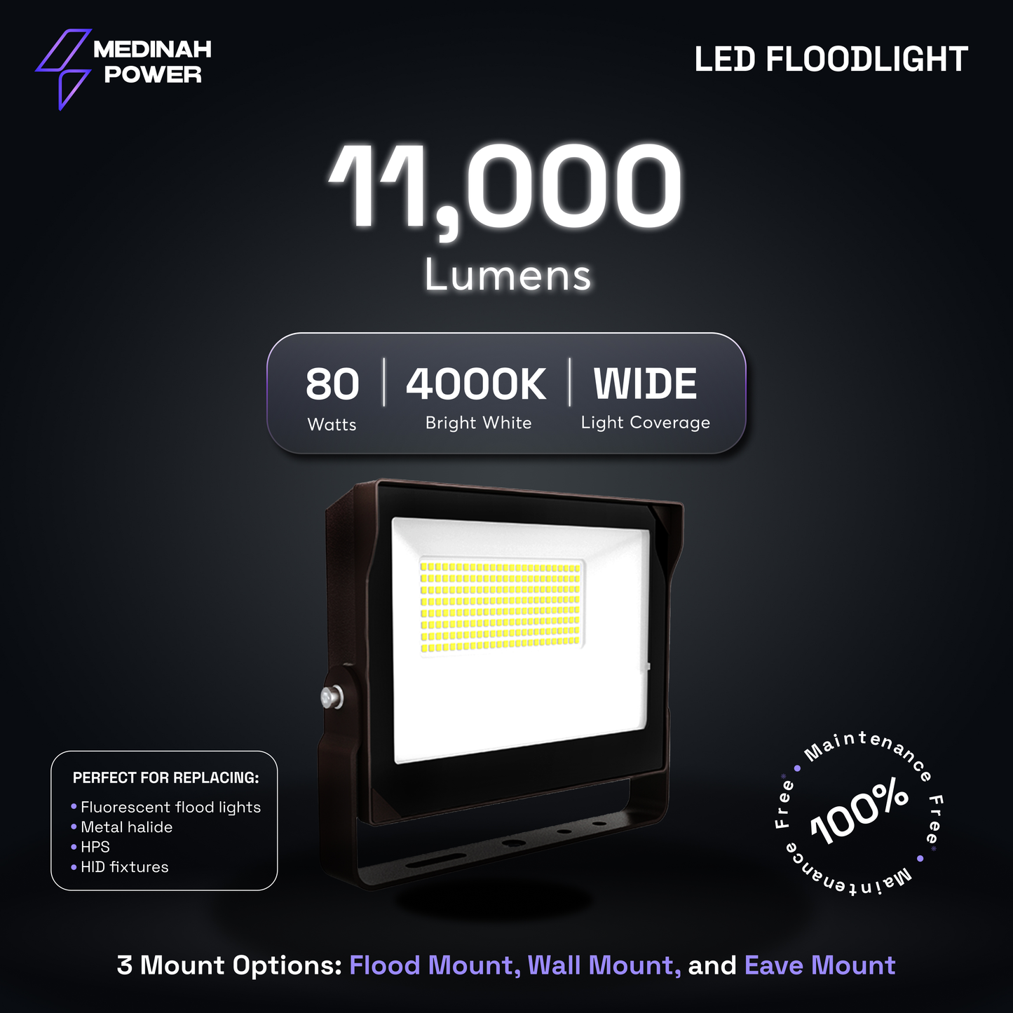 FLLS-80W-40K-DV2-PC-CL-BZFM: 80W | 4000K | 120-277V | Bronze | U-Bracket