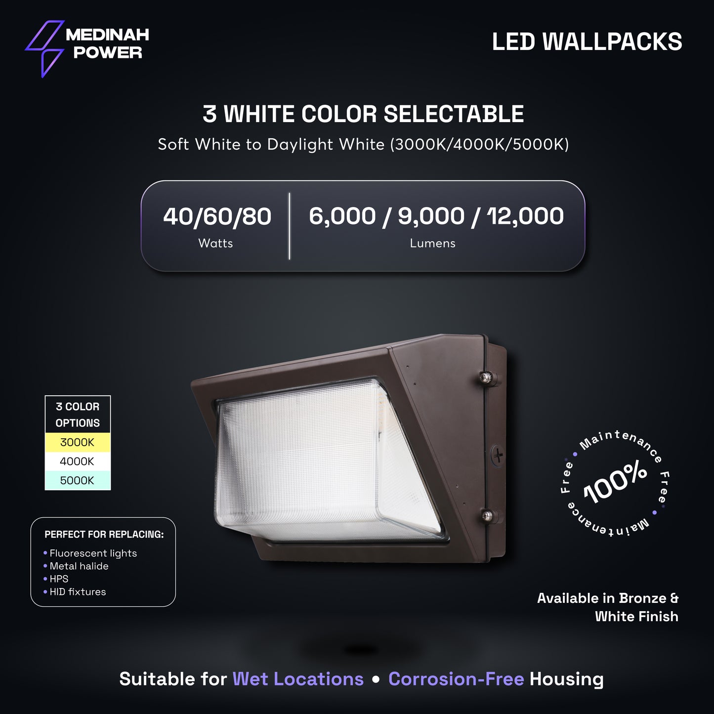 WPLL-40T80W-3CCT-DV2-PC-CL-BZ: 40/60/80W | 3 CCT Select | 120-277V | Bronze